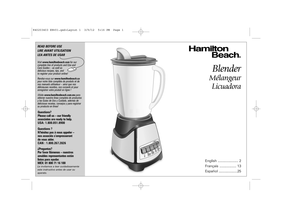Hamilton Beach 58148, 840203403 manual Blender, Mélangeur, Licuadora, English, Français, Español, 3/9/12, 5 16 PM, Page 