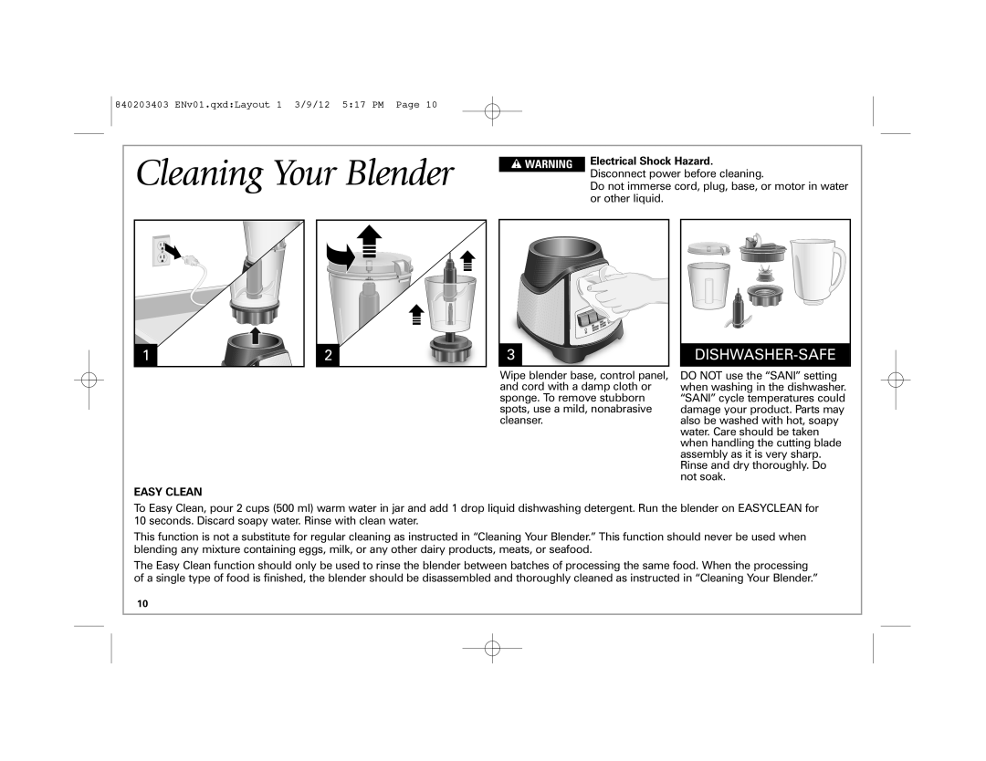 Hamilton Beach 840203403, 58148 manual Cleaning Your Blender, Dishwasher-Safe, motor in water, w WARNING 