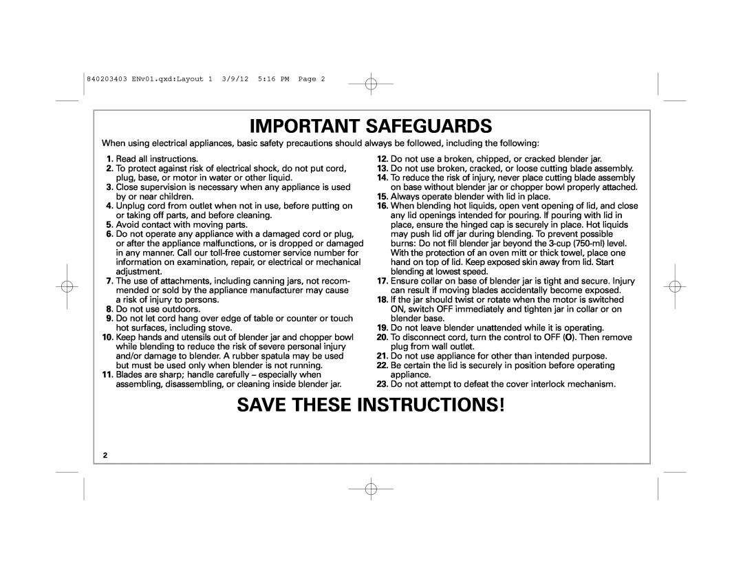 Hamilton Beach 840203403, 58148 manual Important Safeguards, Save These Instructions 