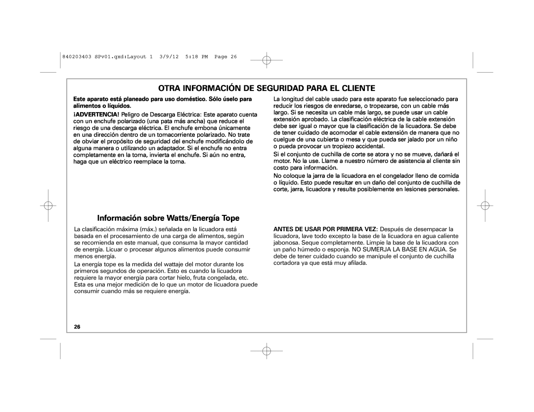 Hamilton Beach 840203403, 58148 manual Otra Información De Seguridad Para El Cliente, Información sobre Watts/Energía Tope 