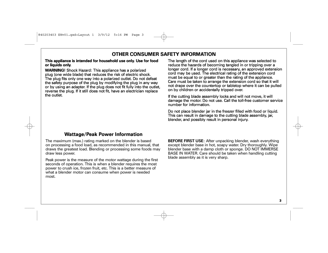 Hamilton Beach 58148, 840203403 manual Other Consumer Safety Information, Wattage/Peak Power Information 