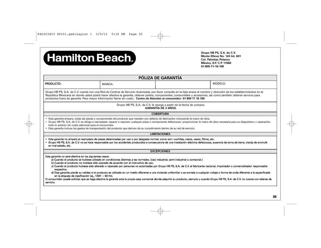Hamilton Beach 58148 Póliza De Garantía, 840203403 SPv01.qxd Layout 1 3/9/12 5 18 PM Page, GARANTÍA DE 3 AÑOS COBERTURA 