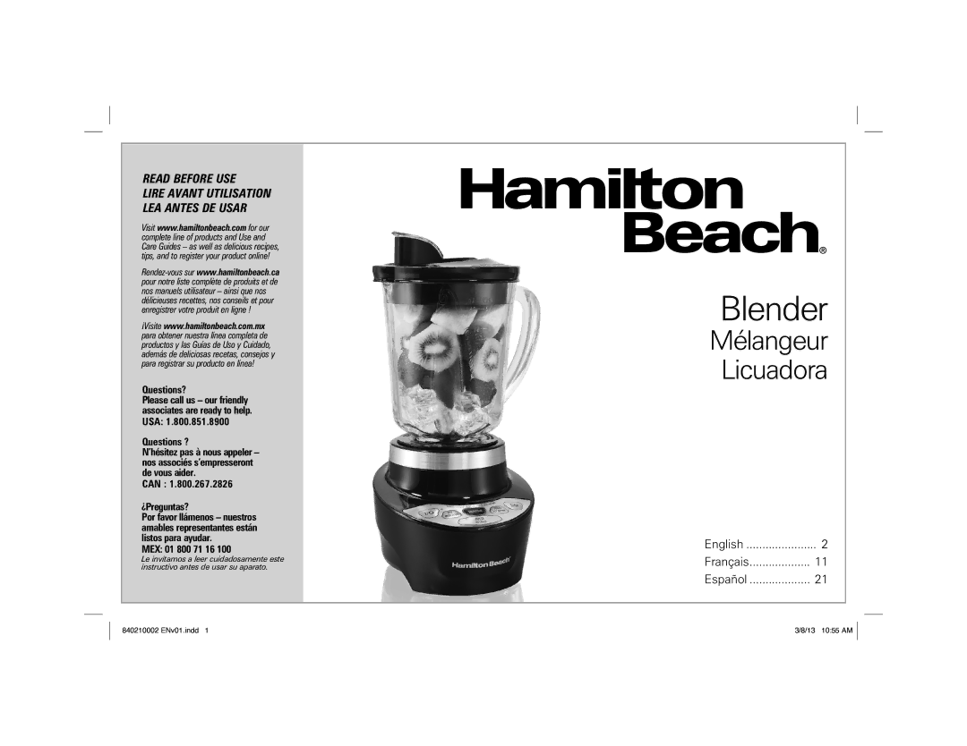 Hamilton Beach Blender, 840210002 ENv01.indd 4 manual 