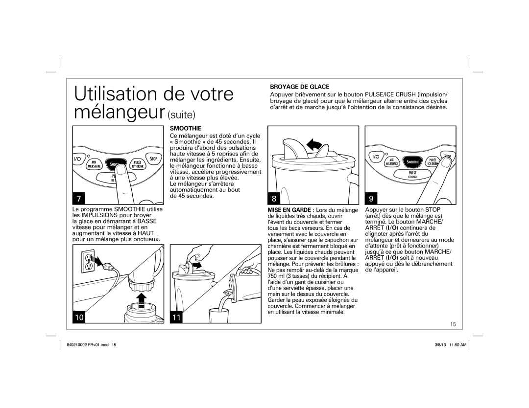 Hamilton Beach Blender, 840210002 ENv01.indd 4 manual Utilisation de votre mélangeur suite, Broyage DE Glace 