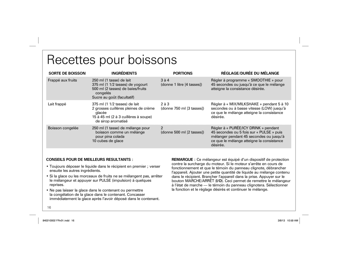 Hamilton Beach 840210002 ENv01.indd 4, Blender manual Recettes pour boissons, Conseils Pour DE Meilleurs Resultants 