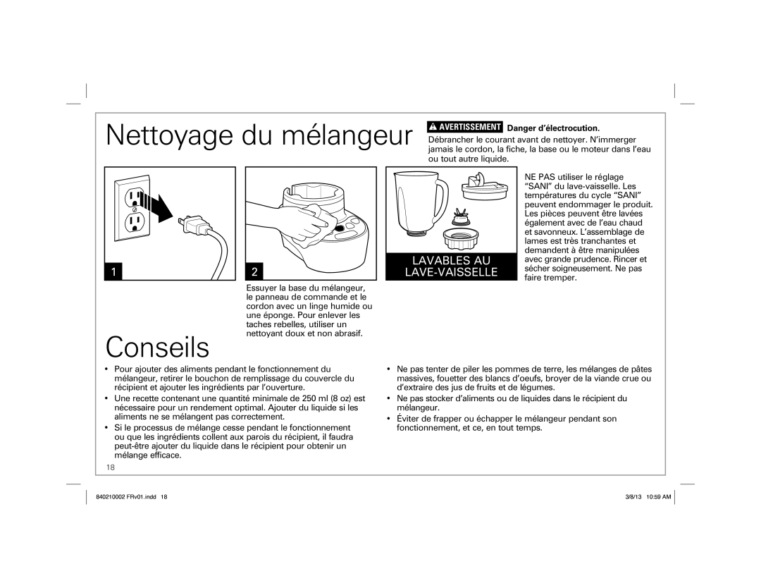 Hamilton Beach 840210002 ENv01.indd 4, Blender manual Nettoyage du mélangeur, Conseils 