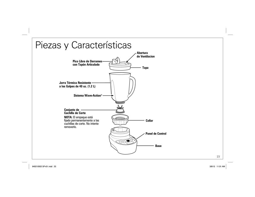 Hamilton Beach Blender, 840210002 ENv01.indd 4 manual Piezas y Características 