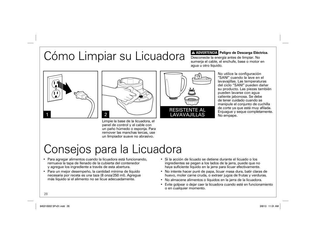 Hamilton Beach 840210002 ENv01.indd 4, Blender manual Cómo Limpiar su Licuadora, Consejos para la Licuadora 