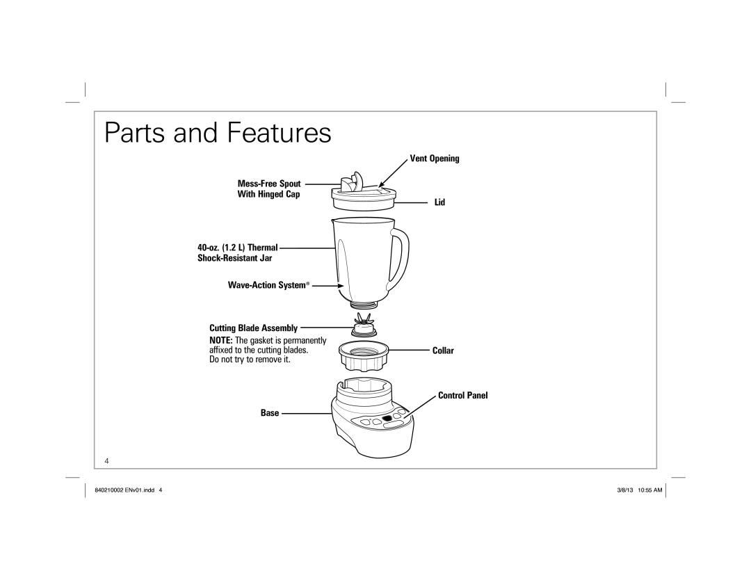 Hamilton Beach 840210002 ENv01.indd 4, Blender manual Parts and Features 