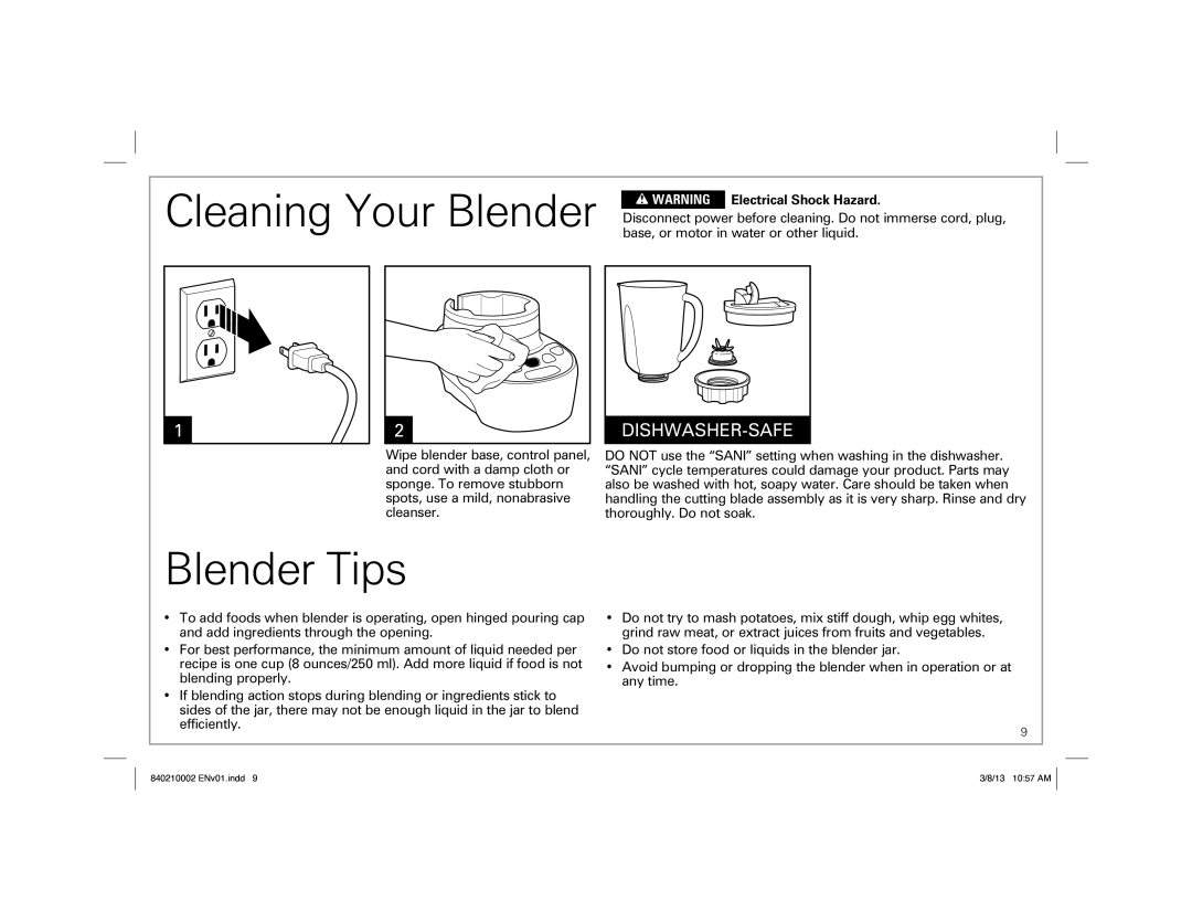 Hamilton Beach 840210002 ENv01.indd 4 manual Cleaning Your Blender, Blender Tips 