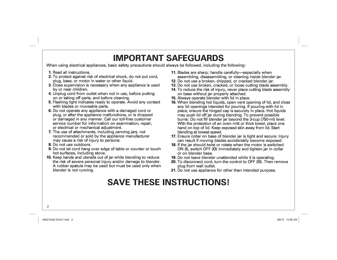 Hamilton Beach 840210002 ENv01.indd 4, Blender manual Important Safeguards, Save These Instructions 