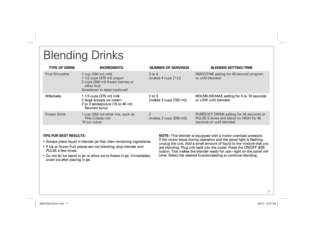Hamilton Beach manual Blending Drinks, Type Of Drink, Ingredients, Number Of Servings, Blender Setting/Time 