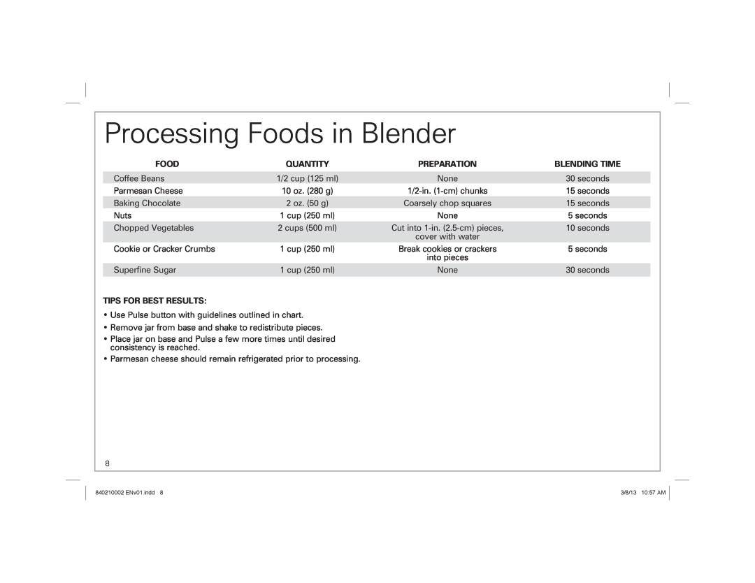 Hamilton Beach 840210002 ENv01.indd 4 manual Processing Foods in Blender, Quantity, Preparation, Blending Time 