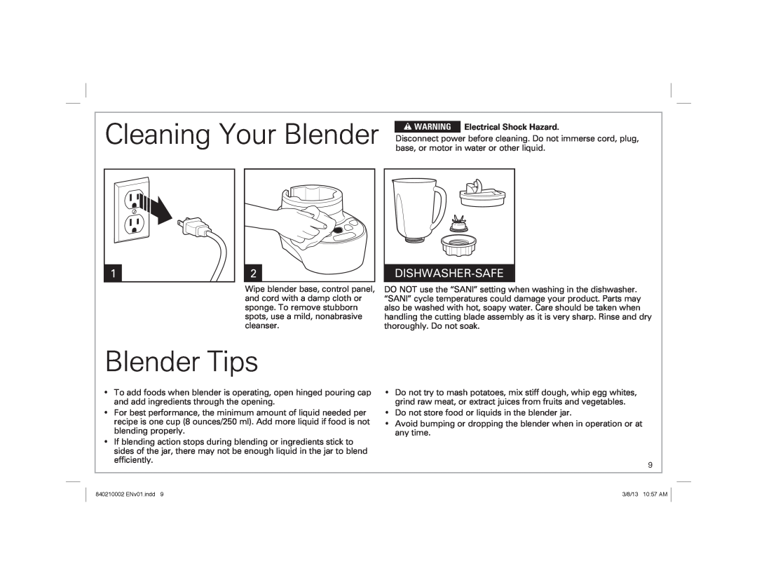 Hamilton Beach manual Cleaning Your Blender, Blender Tips, Dishwasher-Safe, w WARNING, Electrical Shock Hazard 