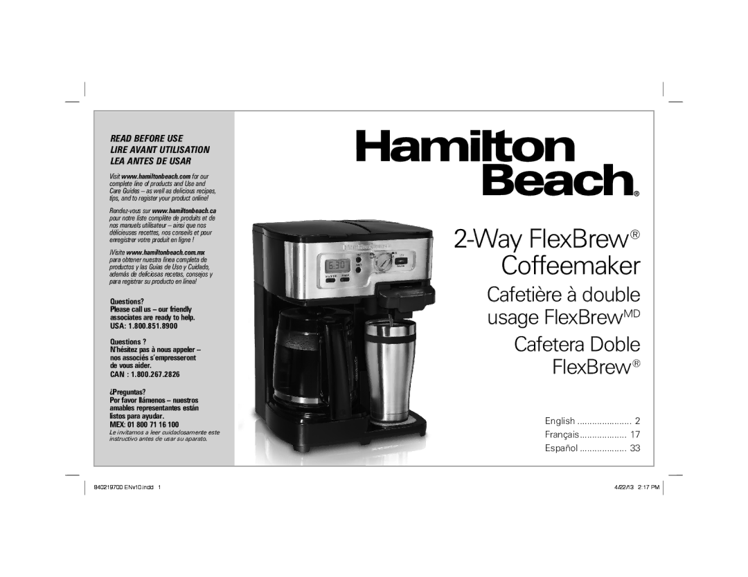 Hamilton Beach 2-Way FlexBrew Coffeemaker, 840219700 ENv10.indd 1 manual 