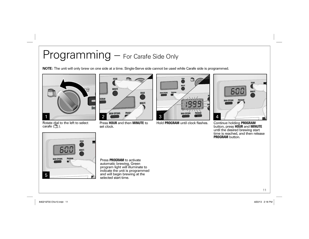 Hamilton Beach 2-Way FlexBrew Coffeemaker, 840219700 ENv10.indd 1 manual Programming For Carafe Side Only, Program button 