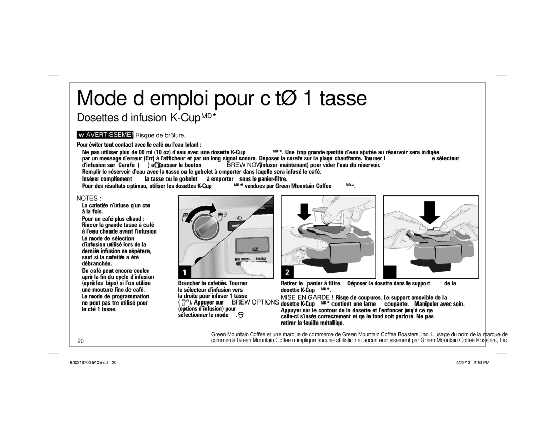 Hamilton Beach 840219700 ENv10.indd 1 manual Mode d’emploi pour côté 1 tasse, Dosettes d’infusion K-CupMD 