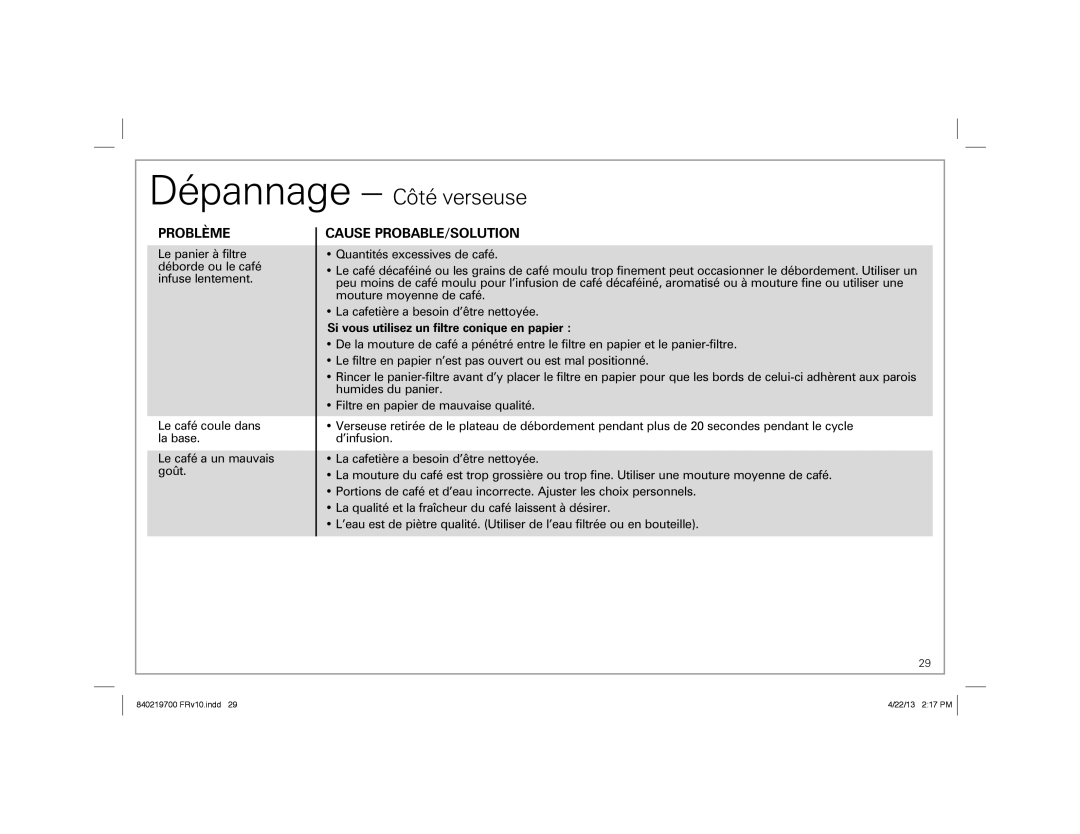 Hamilton Beach 2-Way FlexBrew Coffeemaker manual Dépannage Côté verseuse, Si vous utilisez un filtre conique en papier 