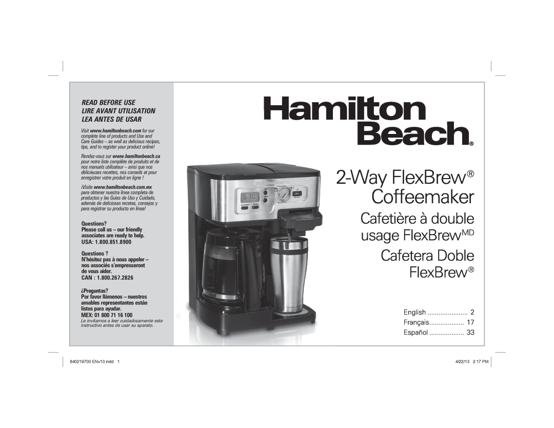 Hamilton Beach 2-Way FlexBrew Coffeemaker manual WayFlexBrew Coffeemaker, Cafetera Doble FlexBrew, Read Before Use, MEX 01 
