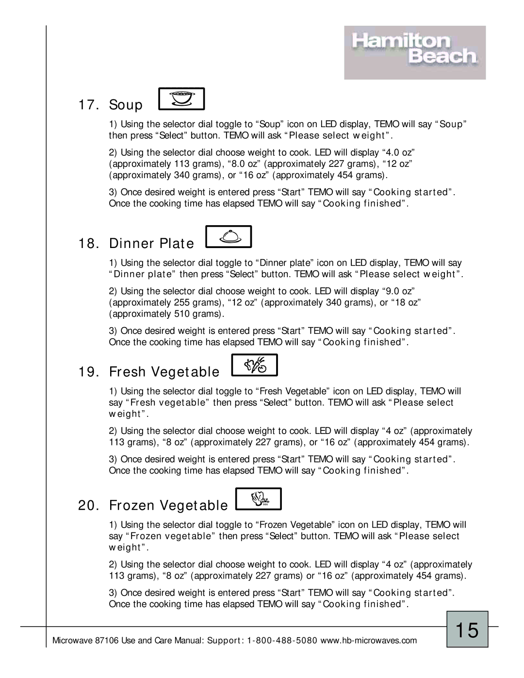 Hamilton Beach 87106 owner manual Soup, Dinner Plate, Fresh Vegetable, Frozen Vegetable 