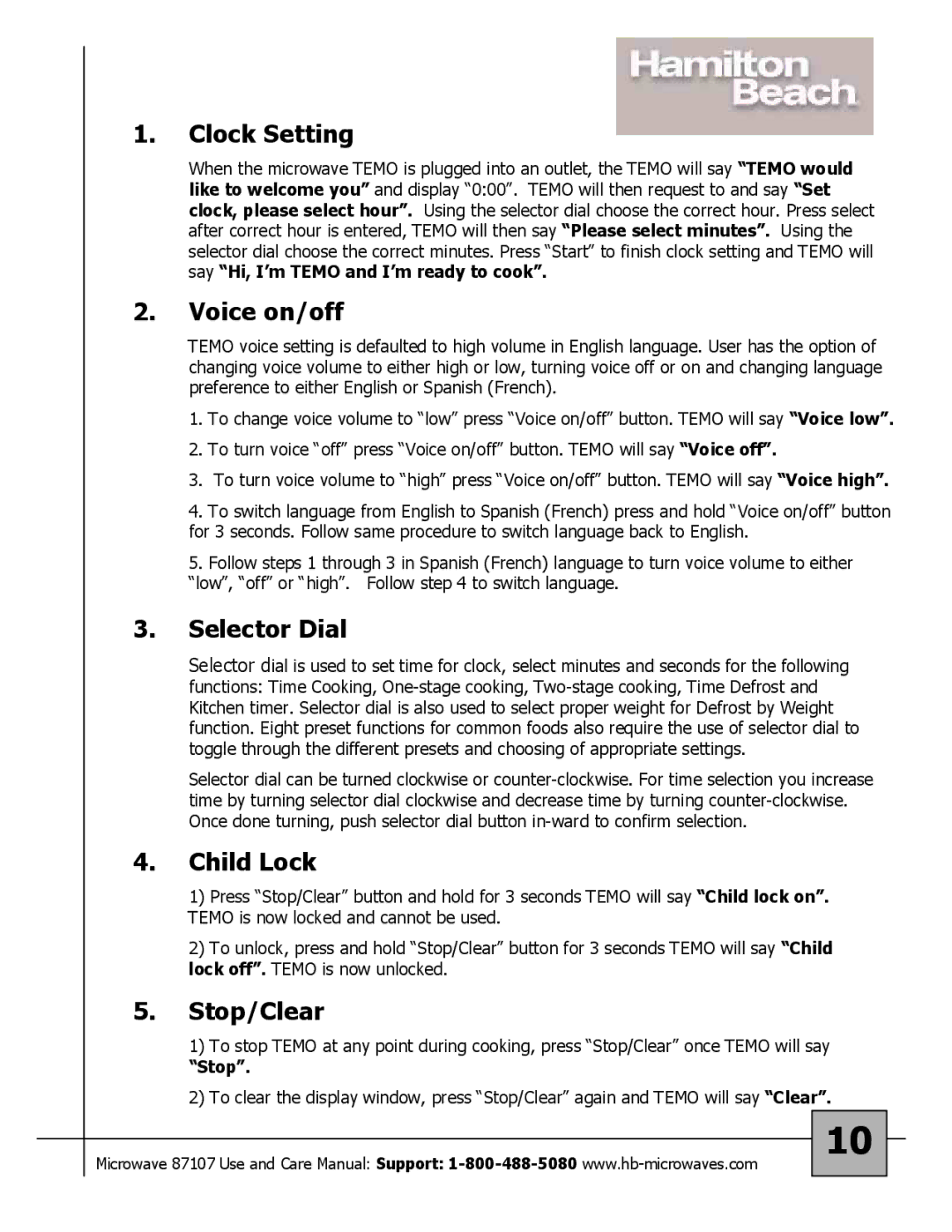 Hamilton Beach 87107 owner manual Clock Setting, Voice on/off, Selector Dial, Child Lock, Stop/Clear 