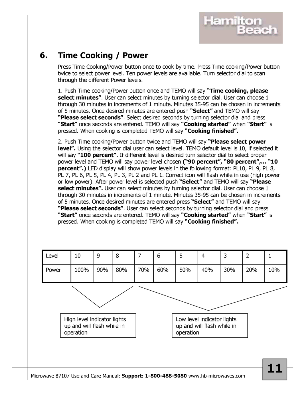 Hamilton Beach 87107 owner manual Time Cooking / Power 