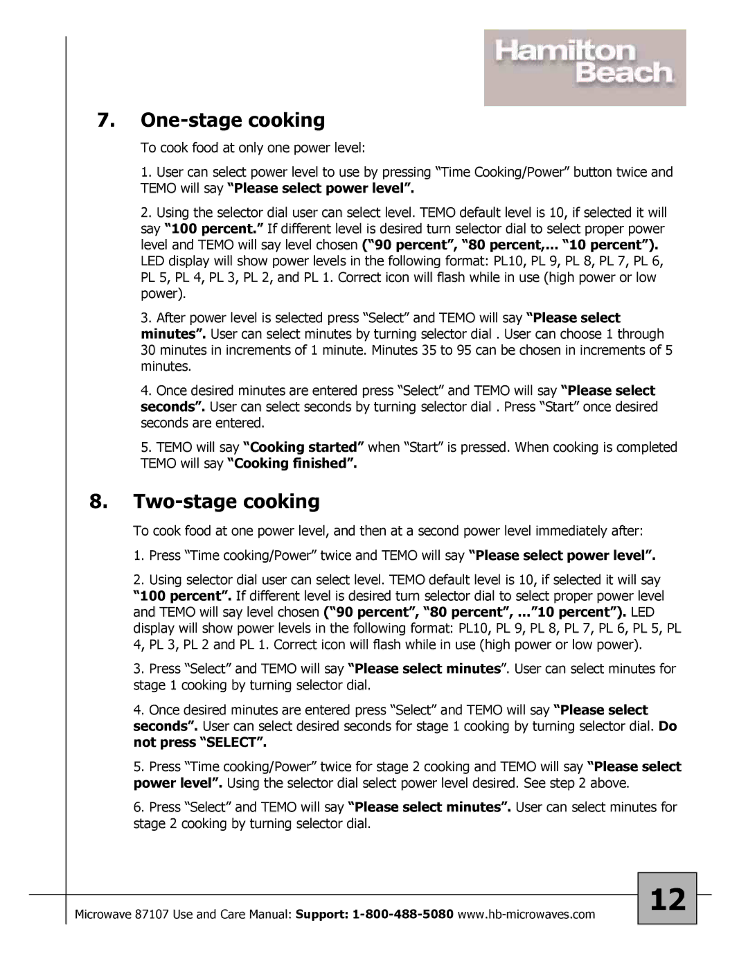 Hamilton Beach 87107 owner manual One-stage cooking, Two-stage cooking 