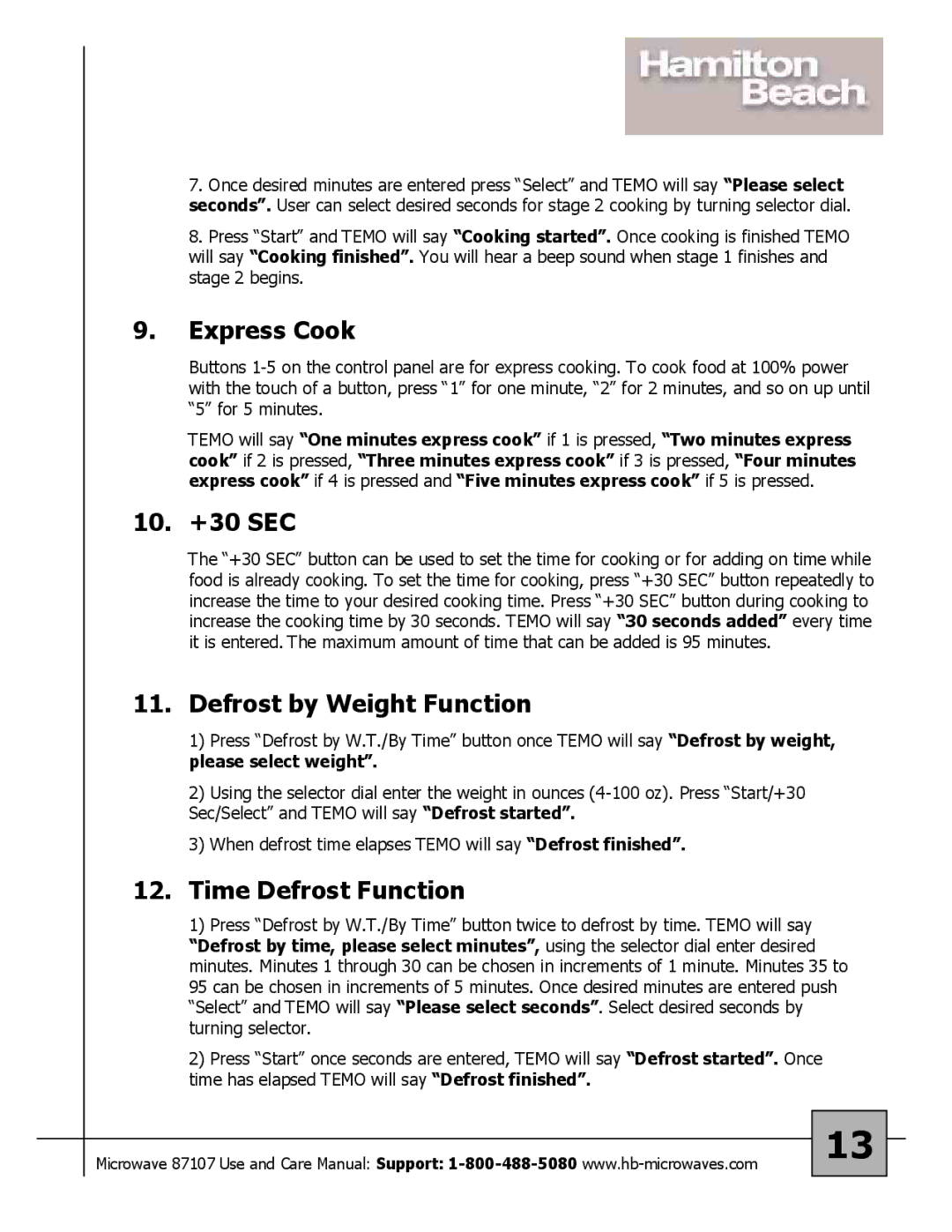 Hamilton Beach 87107 owner manual Express Cook, 10. +30 SEC, Defrost by Weight Function, Time Defrost Function 