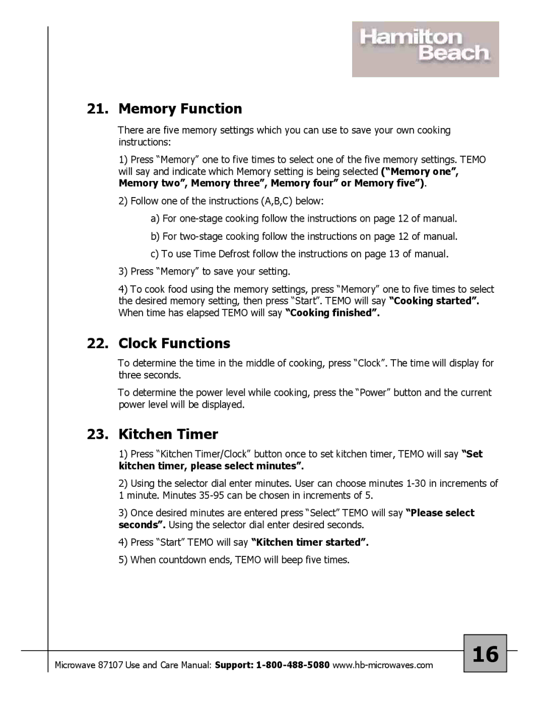 Hamilton Beach 87107 owner manual Memory Function, Clock Functions, Kitchen Timer 