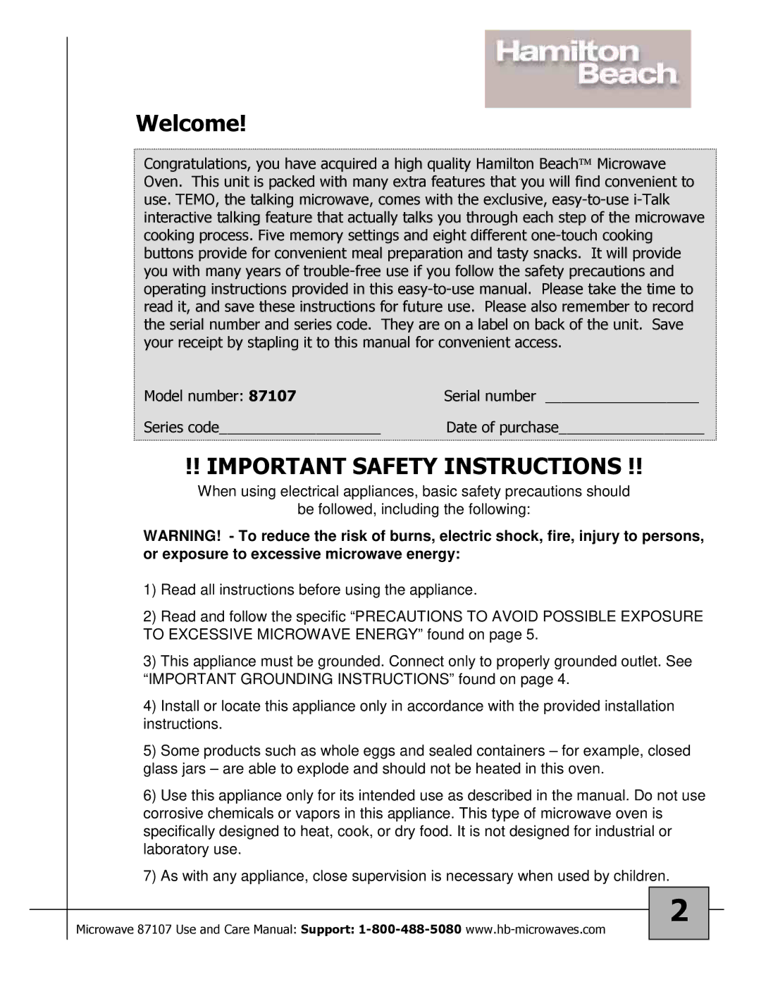 Hamilton Beach 87107 owner manual Important Safety Instructions 