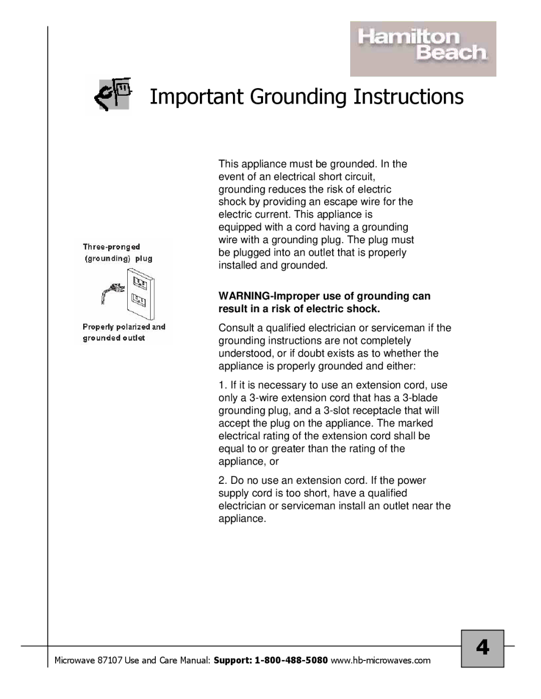 Hamilton Beach 87107 owner manual Important Grounding Instructions 