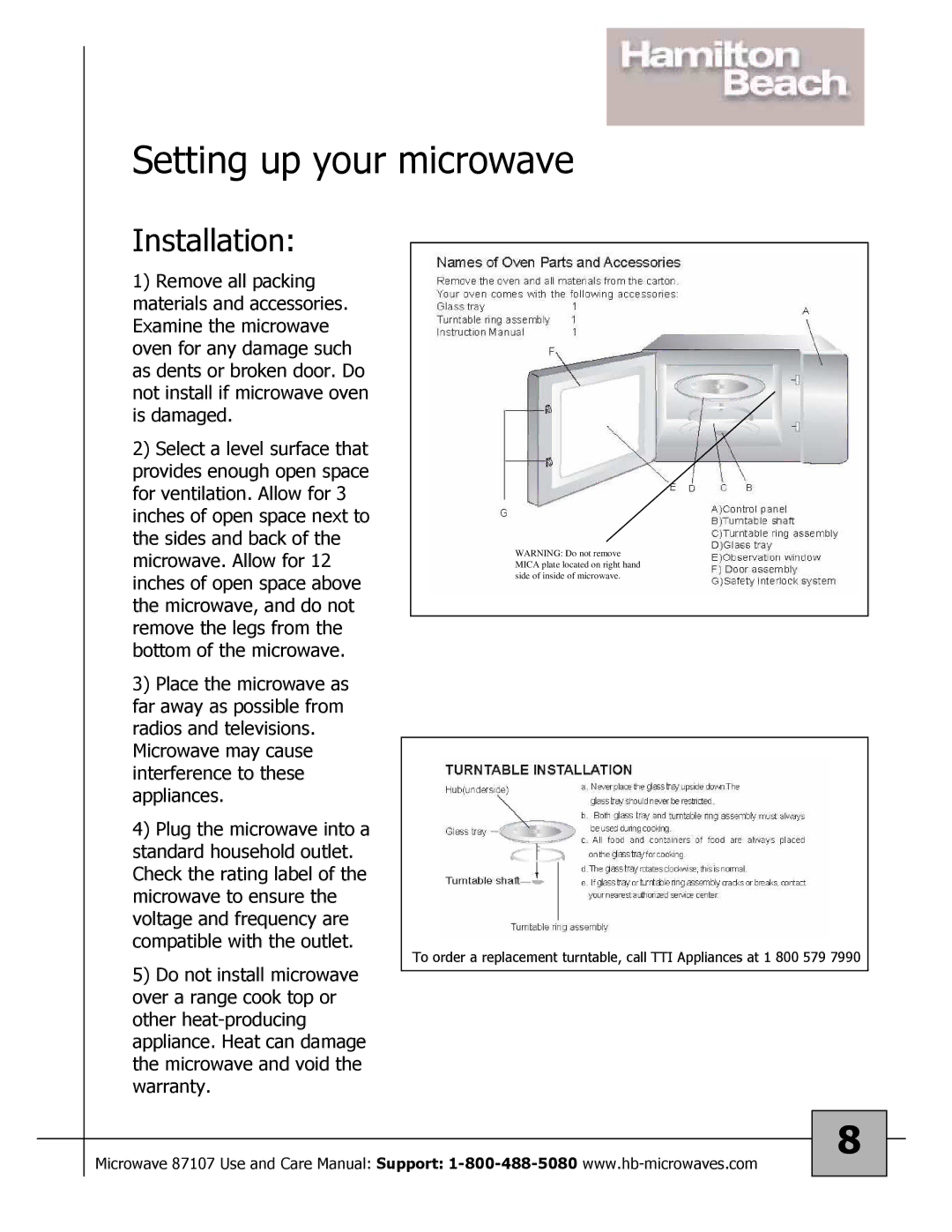 Hamilton Beach 87107 owner manual Setting up your microwave, Installation 