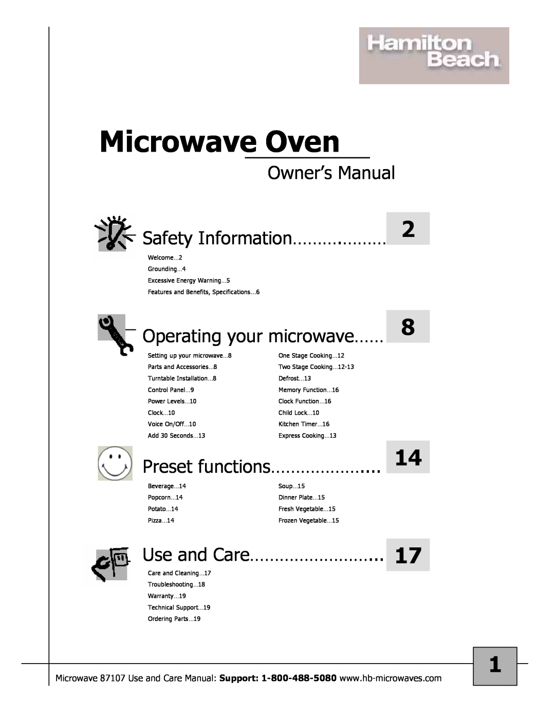 Hamilton Beach 87107 owner manual Operating your microwave……, Preset functions………………, Use and Care……………………, Microwave Oven 
