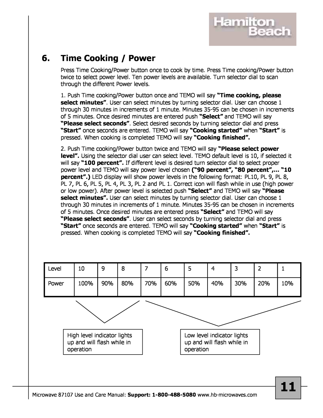 Hamilton Beach 87107 owner manual Time Cooking / Power 