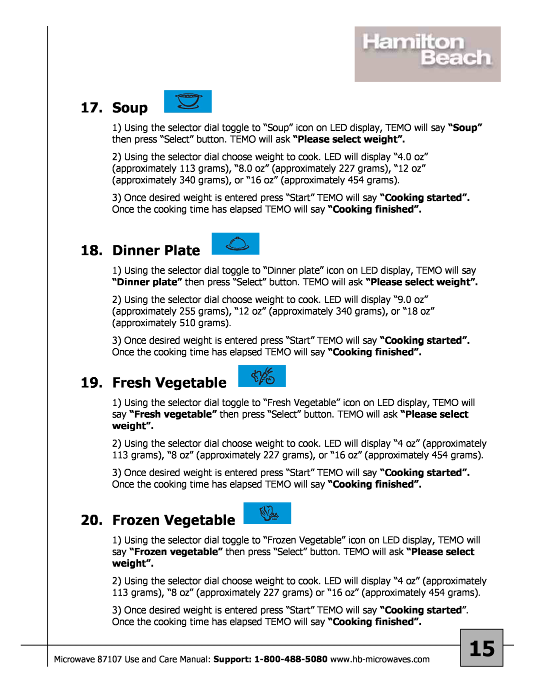 Hamilton Beach 87107 owner manual Soup, Dinner Plate, Fresh Vegetable, Frozen Vegetable 