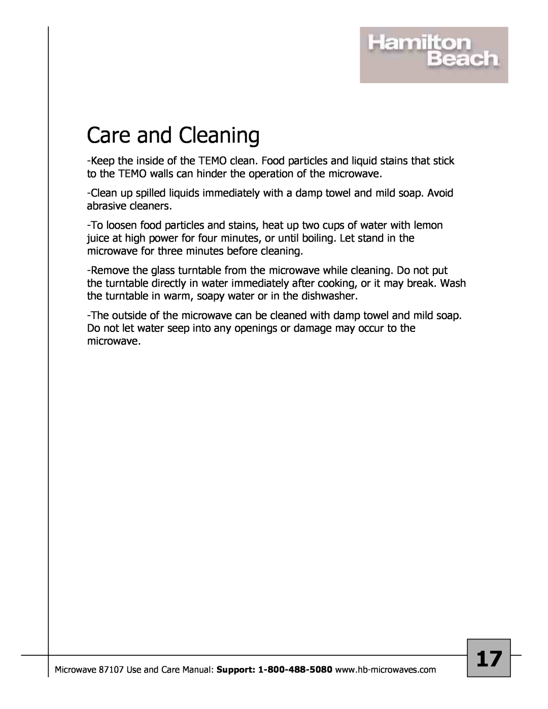 Hamilton Beach 87107 owner manual Care and Cleaning 