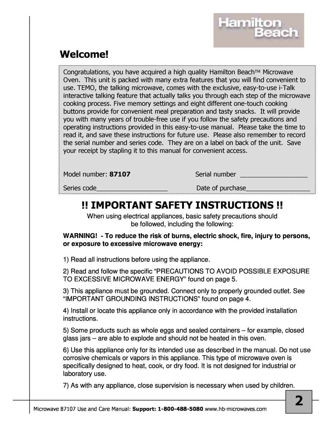 Hamilton Beach 87107 owner manual Welcome, Important Safety Instructions 