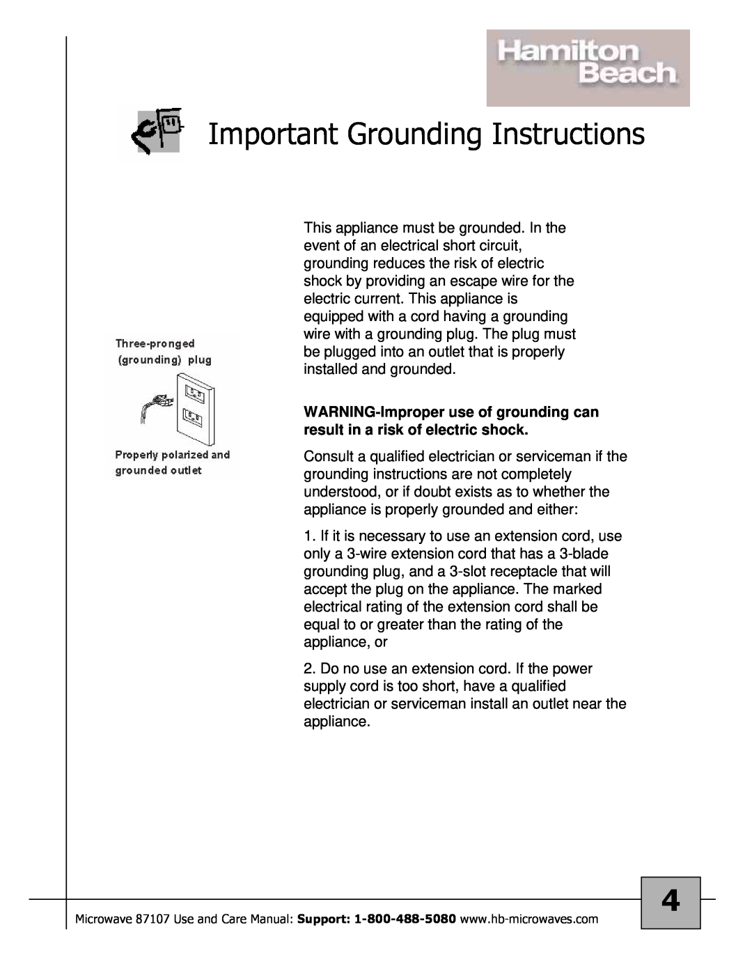 Hamilton Beach 87107 owner manual Important Grounding Instructions 
