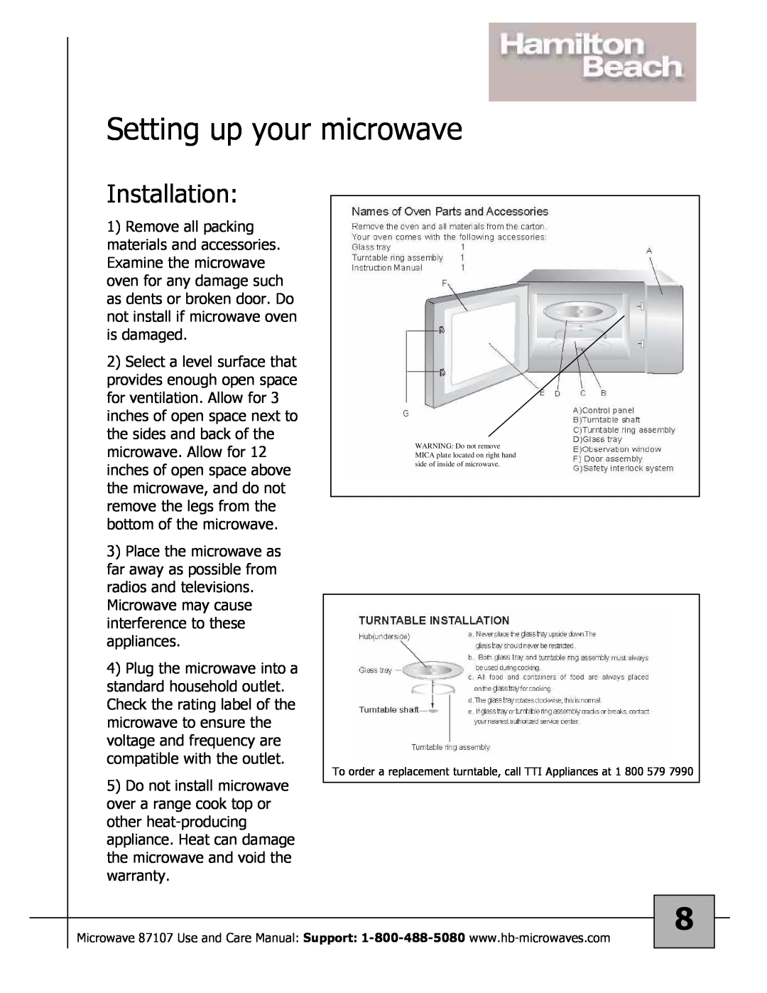 Hamilton Beach 87107 owner manual Setting up your microwave, Installation 