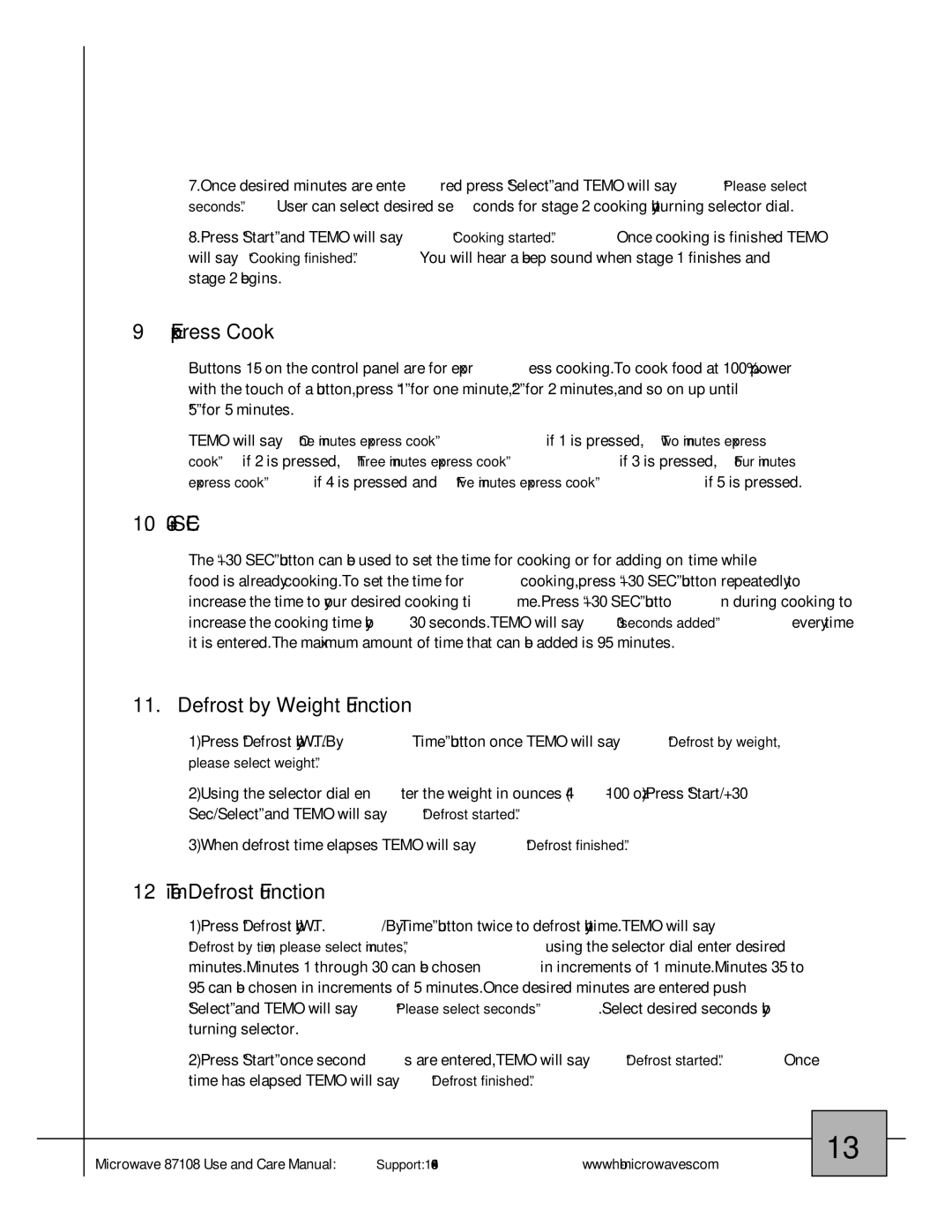 Hamilton Beach 87108 owner manual Express Cook, 10. +30 SEC, Defrost by Weight Function, Time Defrost Function 