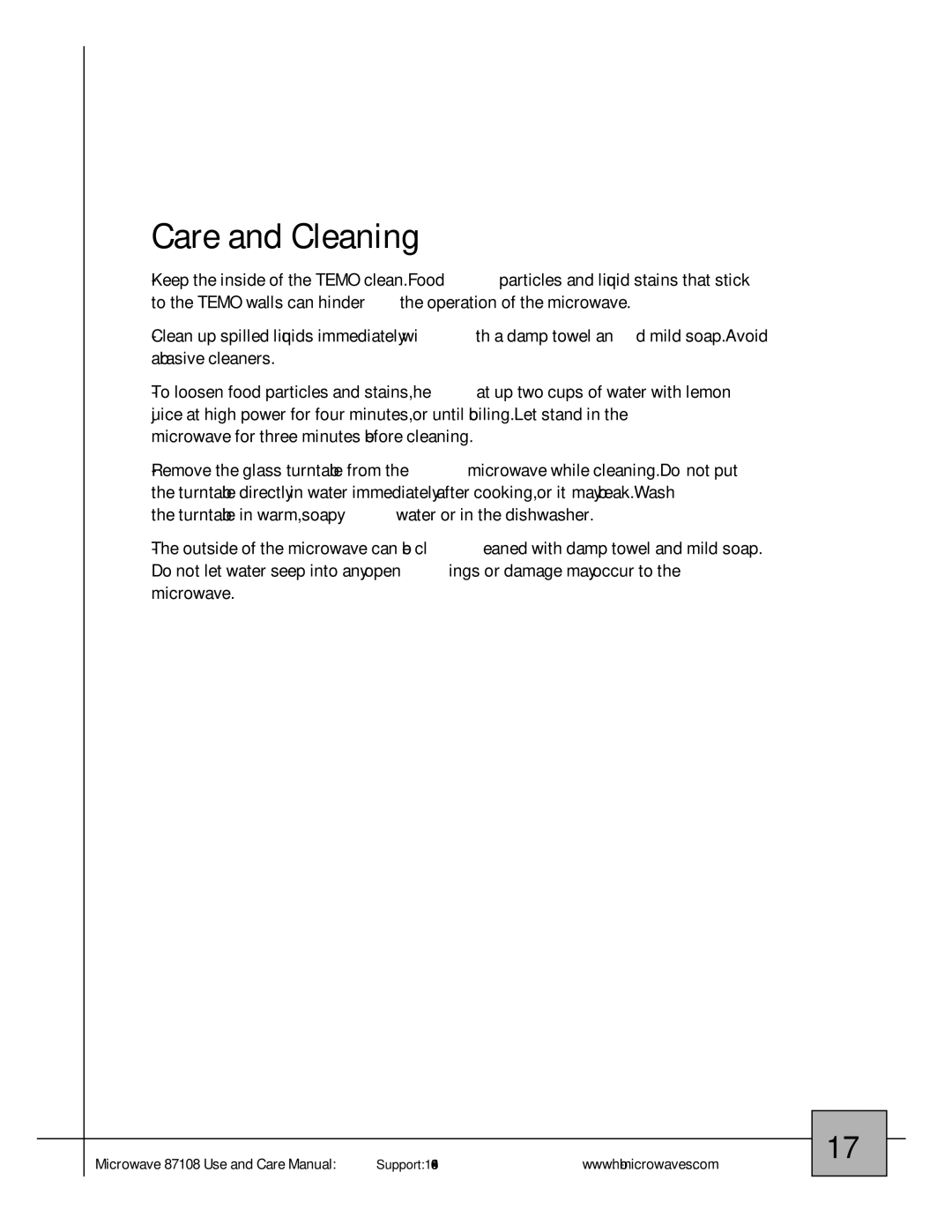 Hamilton Beach 87108 owner manual Care and Cleaning 