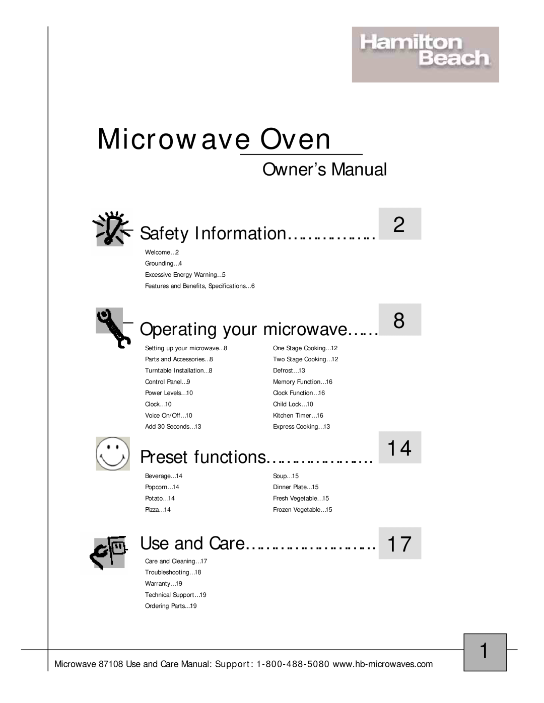 Hamilton Beach 87108 owner manual Operating your microwave……, Preset functions………………, Use and Care……………………, Microwave Oven 