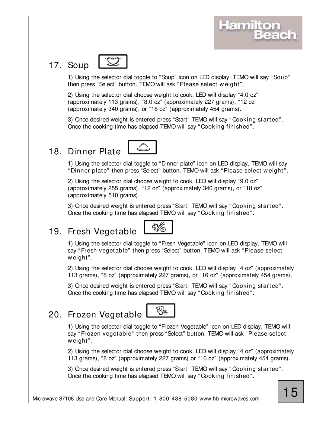 Hamilton Beach 87108 owner manual Soup, Dinner Plate, Fresh Vegetable, Frozen Vegetable 