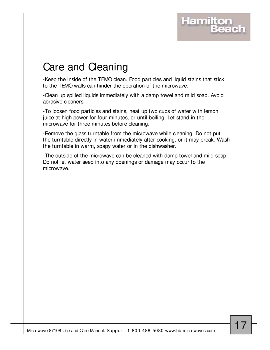 Hamilton Beach 87108 owner manual Care and Cleaning 