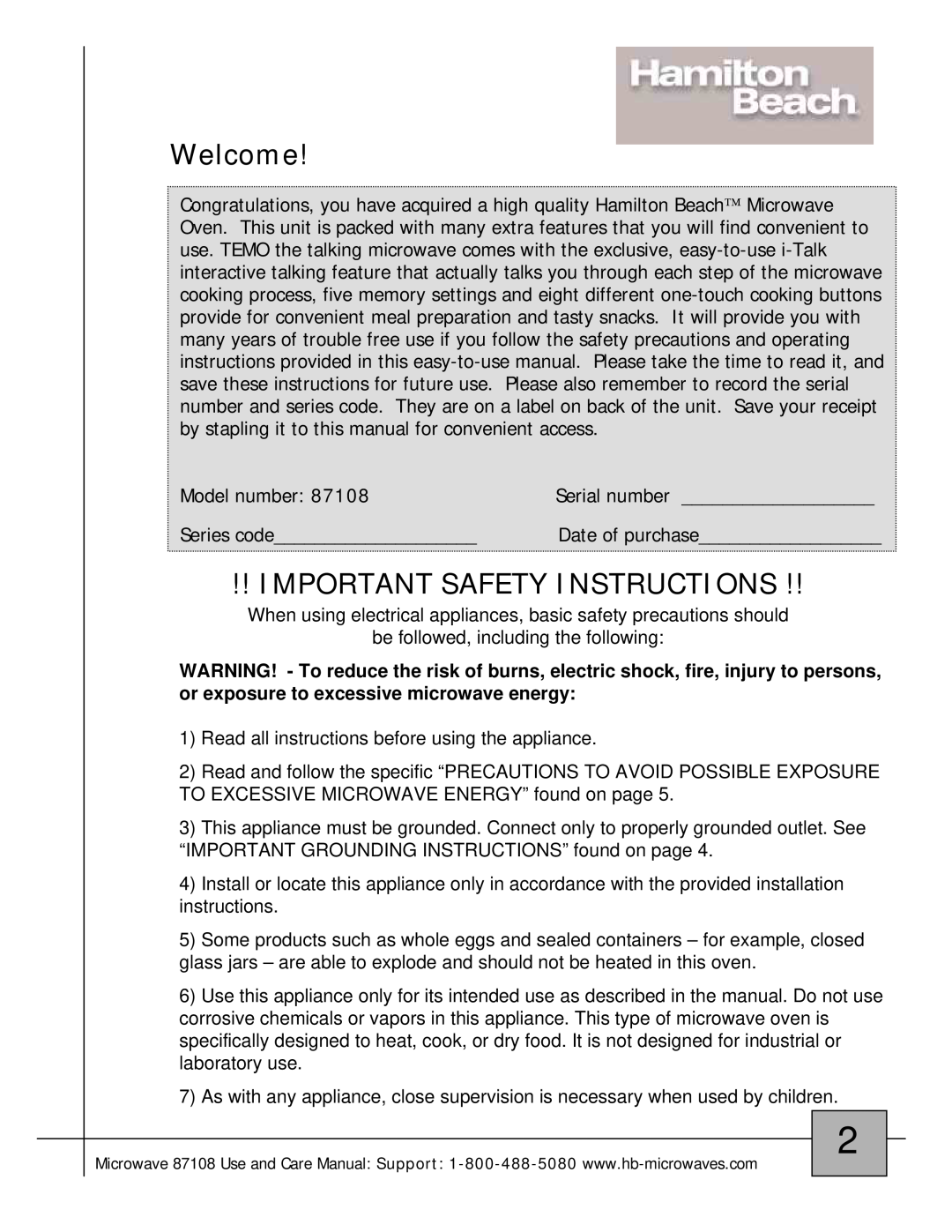Hamilton Beach 87108 owner manual Welcome, Important Safety Instructions 