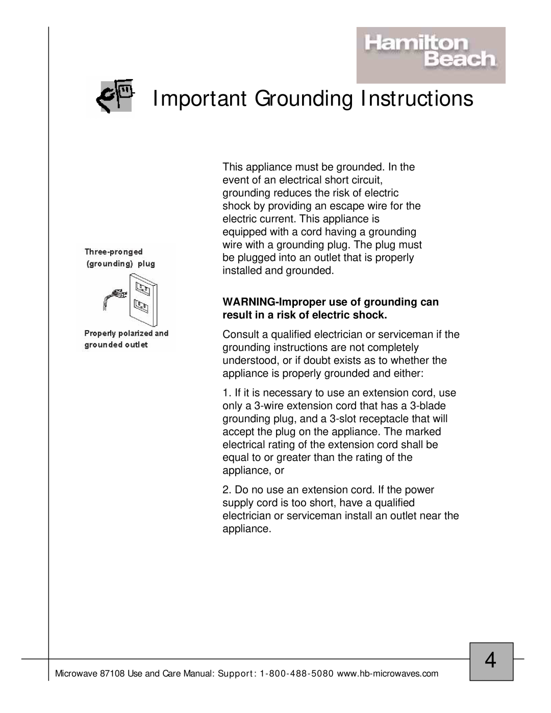 Hamilton Beach 87108 owner manual Important Grounding Instructions 