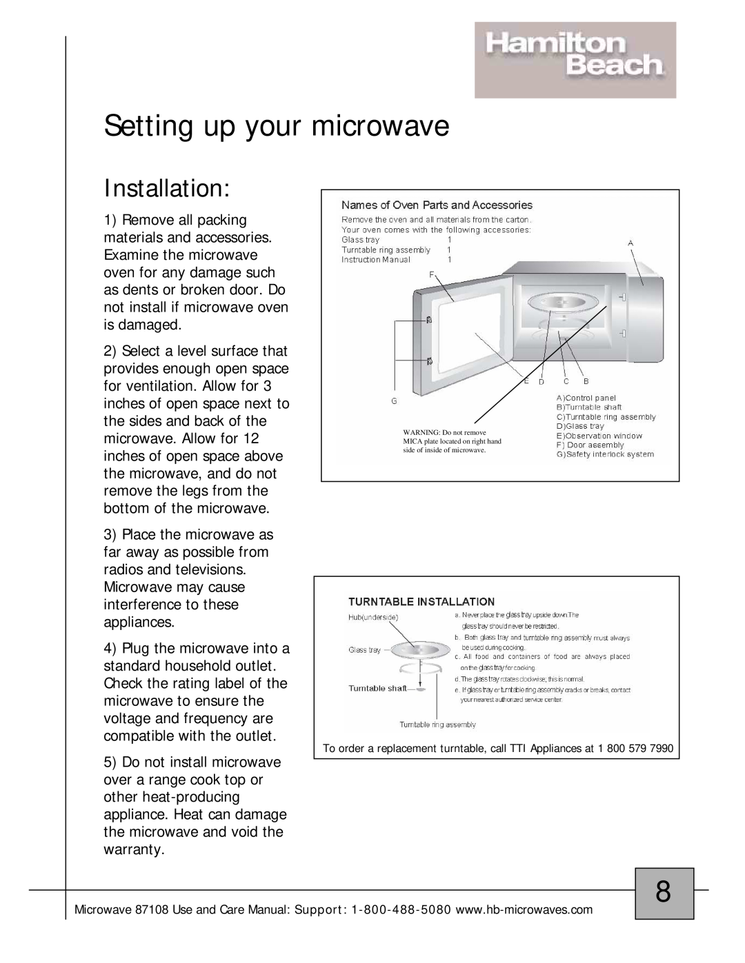 Hamilton Beach 87108 owner manual Setting up your microwave, Installation 