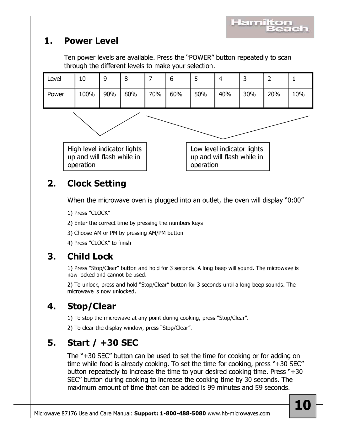 Hamilton Beach 87176 owner manual Power Level, Clock Setting, Child Lock, Stop/Clear, Start / +30 SEC 