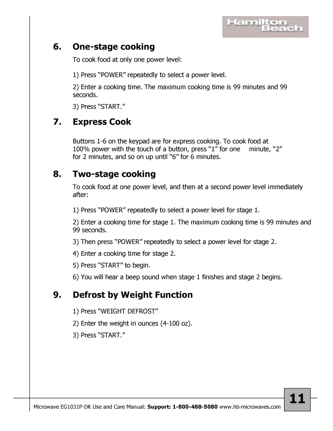 Hamilton Beach 87176 owner manual One-stage cooking, Express Cook, Two-stage cooking, Defrost by Weight Function 