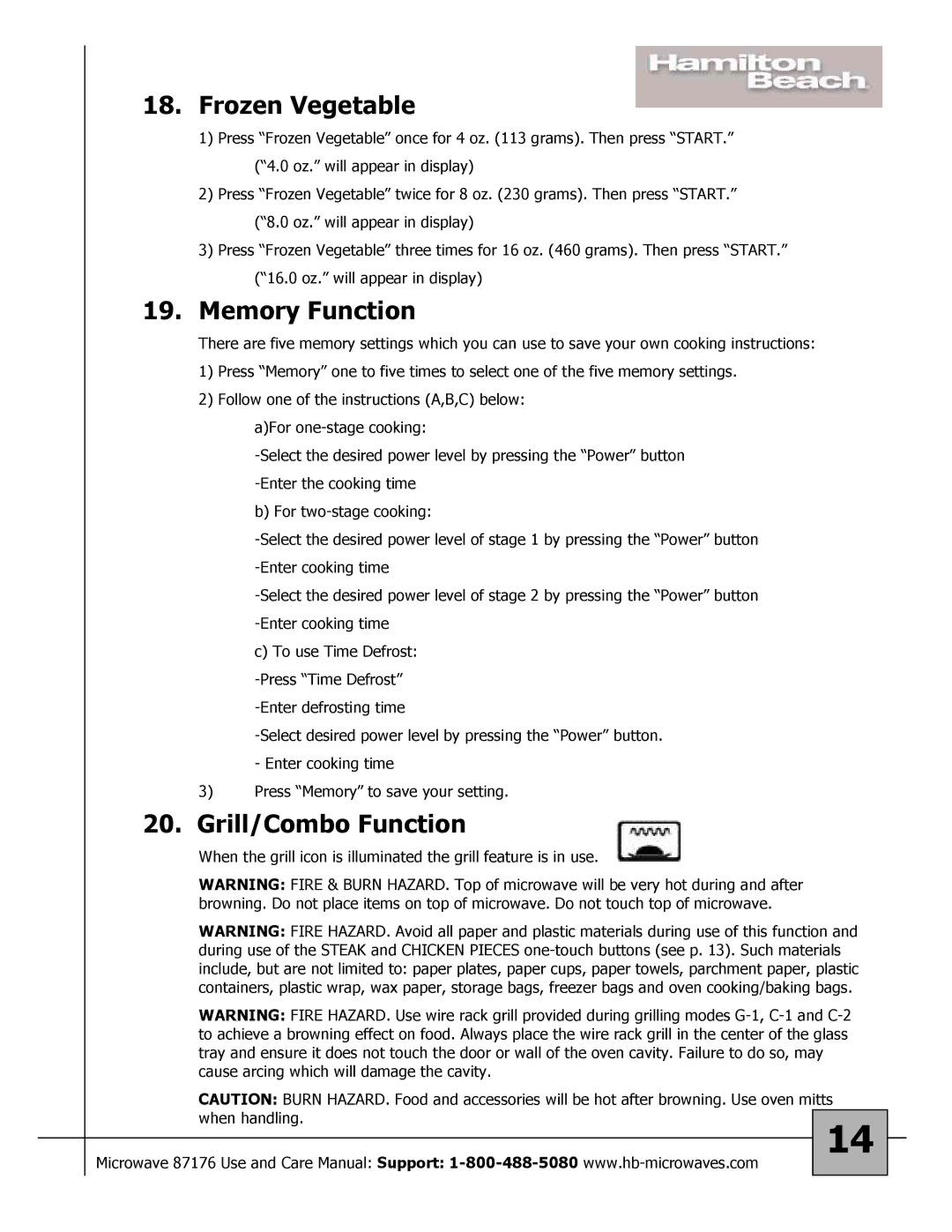 Hamilton Beach 87176 owner manual Frozen Vegetable, Memory Function, Grill/Combo Function 